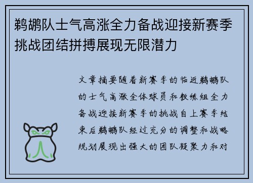 鹈鹕队士气高涨全力备战迎接新赛季挑战团结拼搏展现无限潜力 鹈鹕队士气高涨全力备战迎接新赛季挑战团结拼搏展现无限潜力