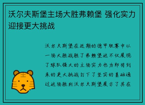 沃尔夫斯堡主场大胜弗赖堡 强化实力迎接更大挑战 沃尔夫斯堡主场大胜弗赖堡 强化实力迎接更大挑战