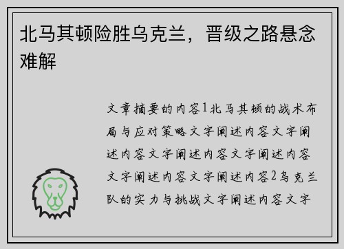 北马其顿险胜乌克兰,晋级之路悬念难解 北马其顿险胜乌克兰,晋级之路悬念难解
