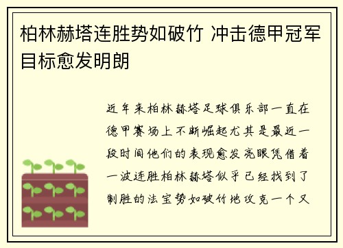 柏林赫塔连胜势如破竹 冲击德甲冠军目标愈发明朗 柏林赫塔连胜势如破竹 冲击德甲冠军目标愈发明朗