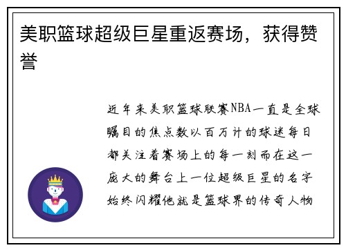 美职篮球超级巨星重返赛场,获得赞誉 美职篮球超级巨星重返赛场,获得赞誉