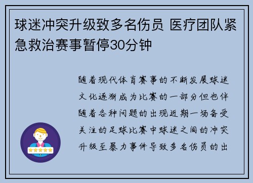 球迷冲突升级致多名伤员 医疗团队紧急救治赛事暂停30分钟 球迷冲突升级致多名伤员 医疗团队紧急救治赛事暂停30分钟